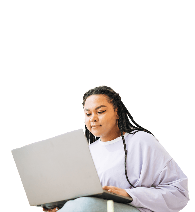 Woman in purple top looking at laptop with transparent background