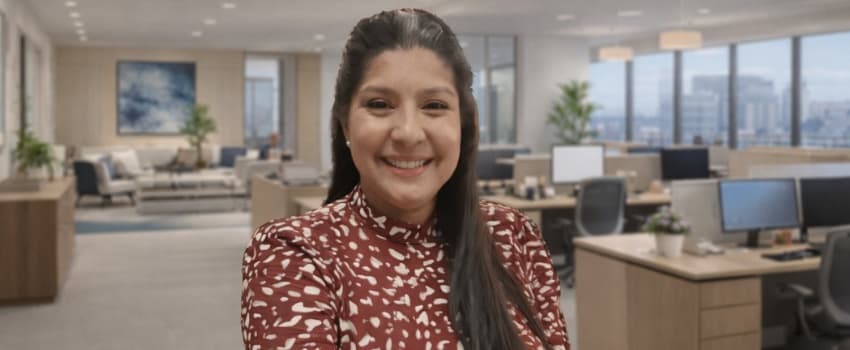 Hardeep, the lady in the photo is smiling directly at the camera