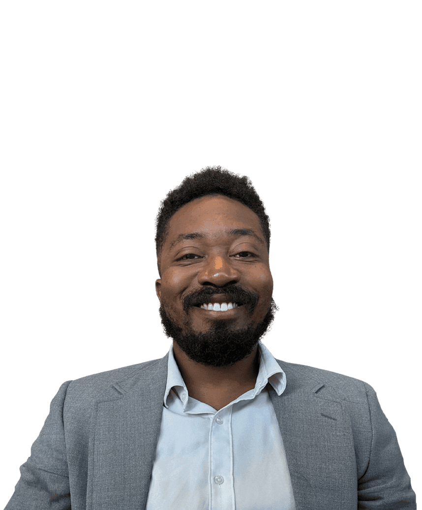 Man wearing grey blazer and blue shirt with transparent background