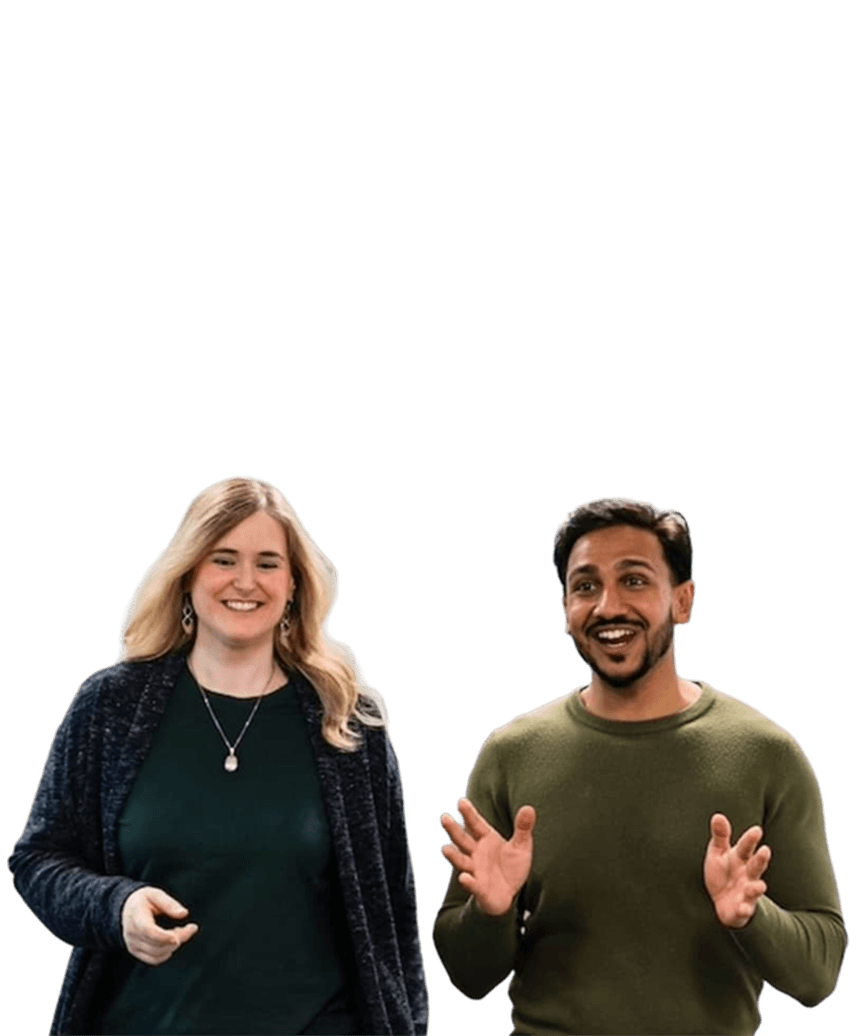 Male and female colleague walking together and smiling on transparent background